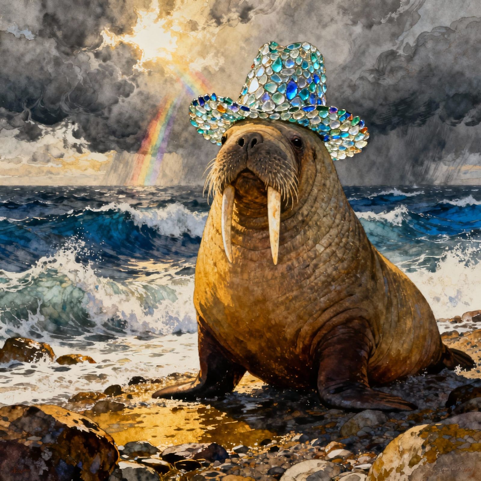 Colossal Walrus in Sea Glass Hat on Stormy Shore