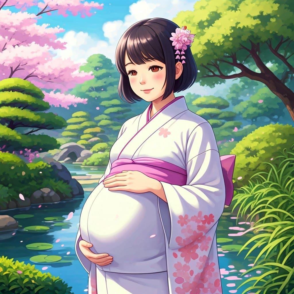 Pregnant Sadako in Japanese Garden, Anime Style
