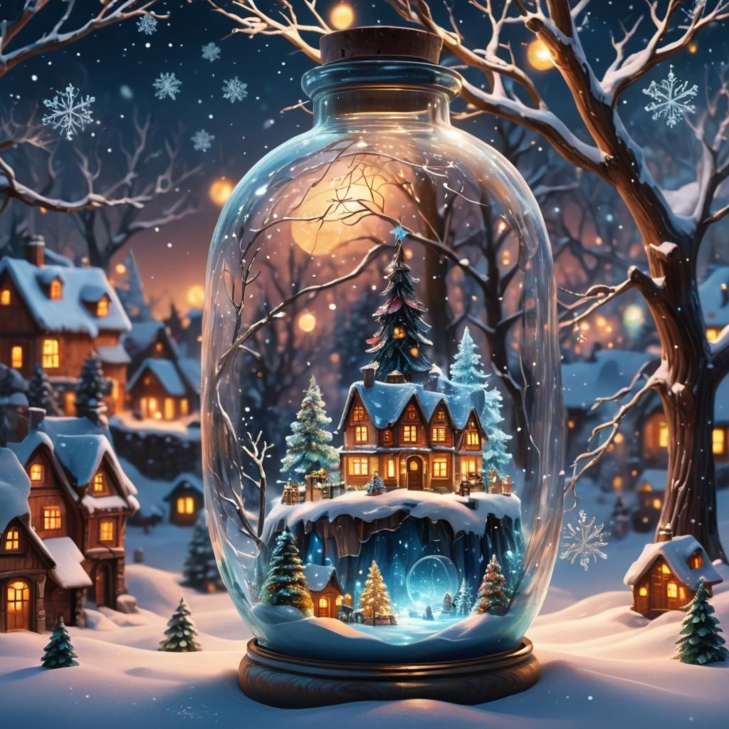 Magical Christmas Village Inside Glass Bottle, Fantasy Art