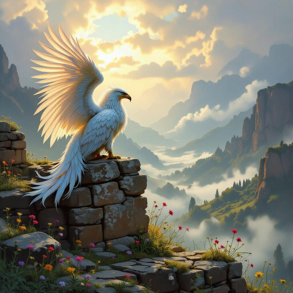 Iridescent Griffin Perched on Ancient Ruins