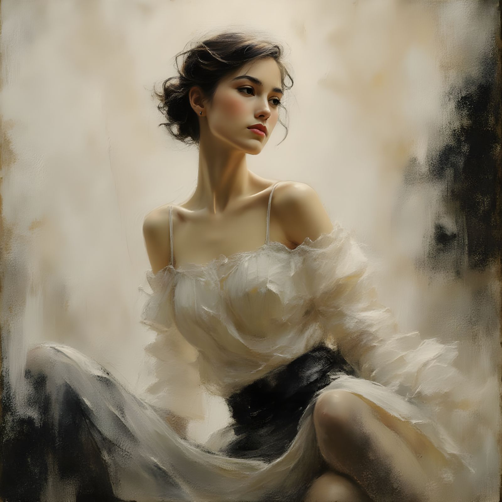 Elegant Woman in Flowing Pose, Painterly Abstract Space