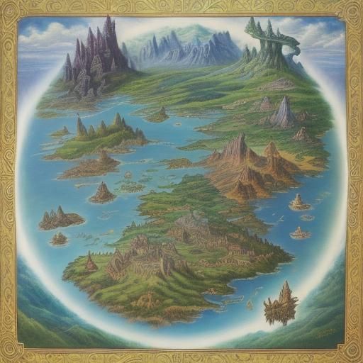 A whimsical fantasy map featuring mythical lands and creatures.