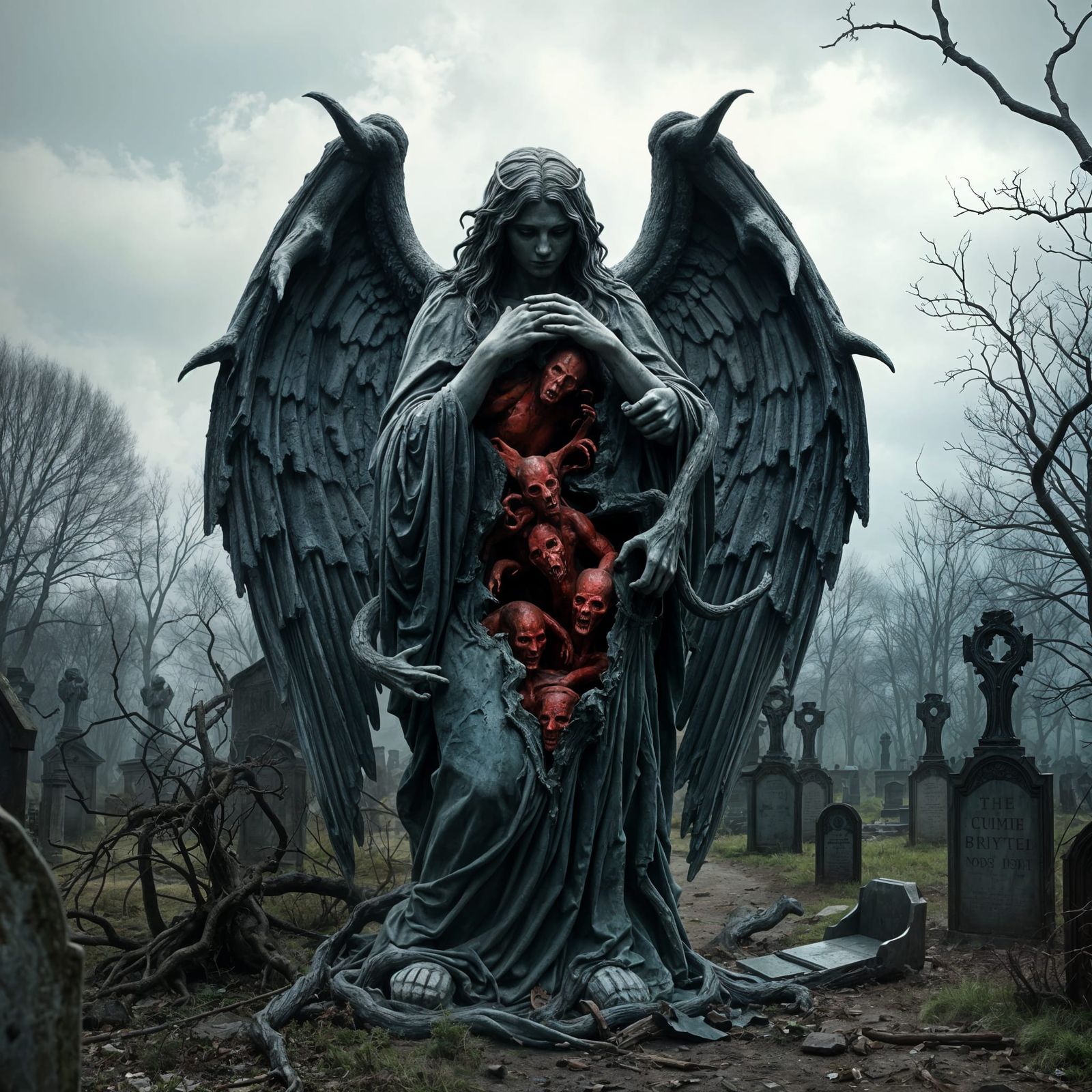 Crumbling Angel Statue with Trapped Demons