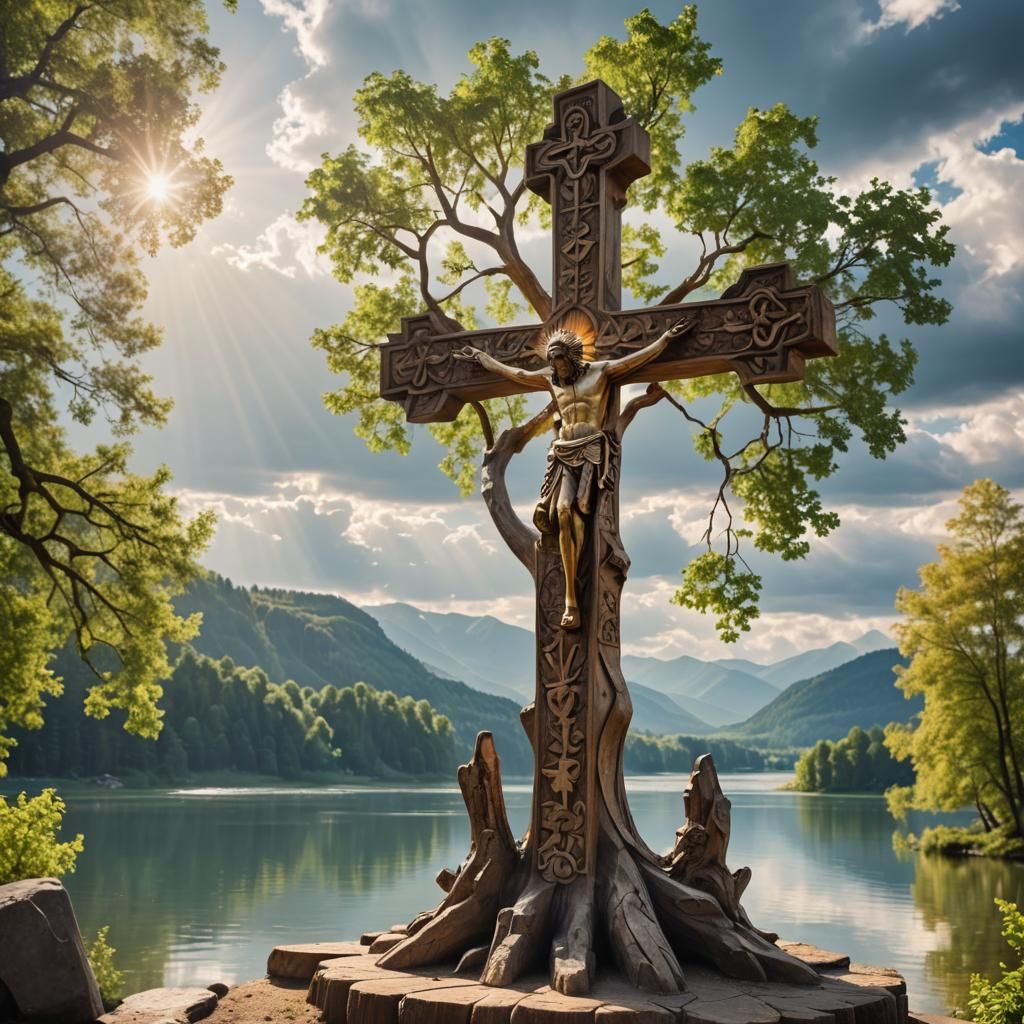 Christian Cross Sculpture Overlooking Lake in Sunlight