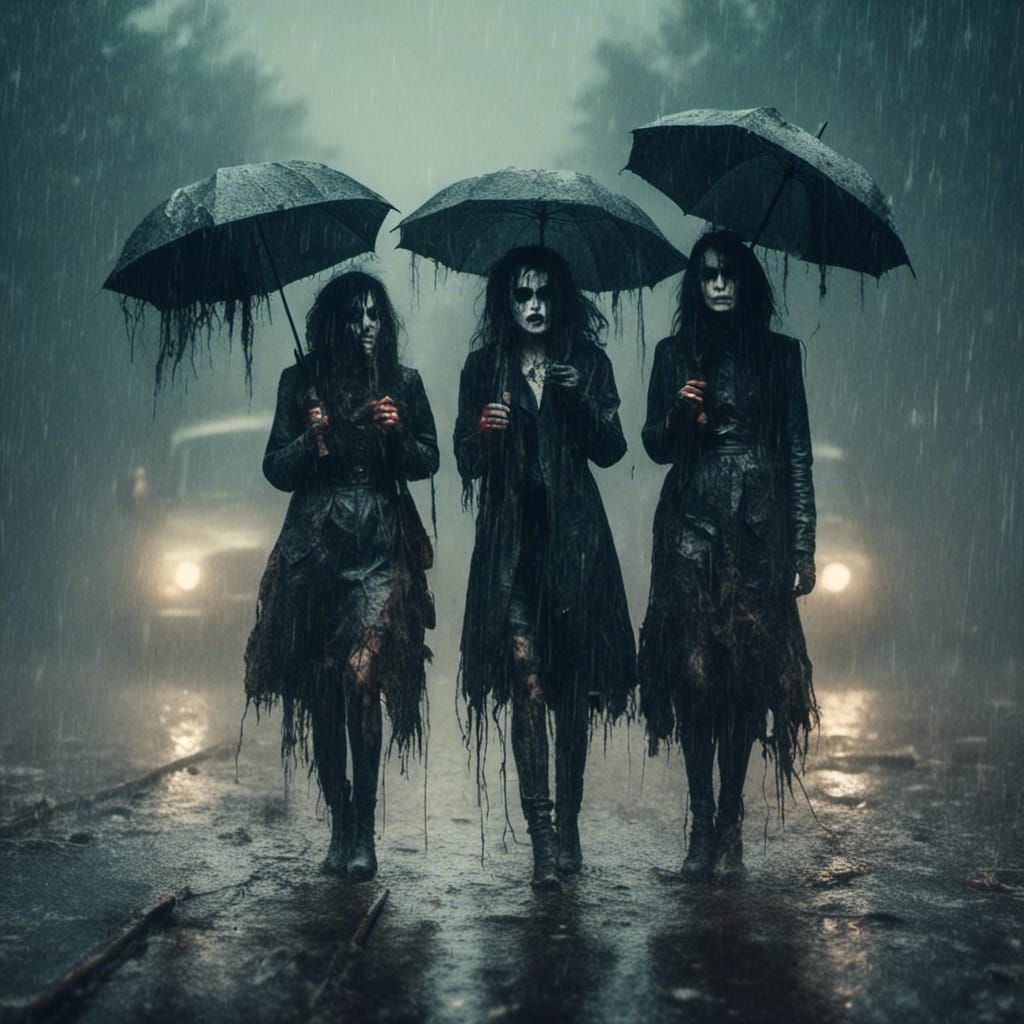 Sinister Gothic Girls in Rainy Dark Fantasy Style