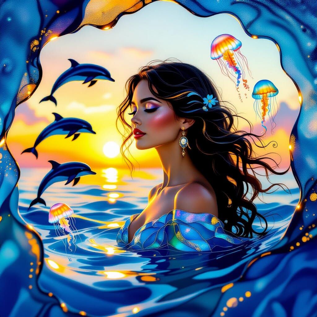 Woman at Sea in Alcohol Ink Glassblowing Style