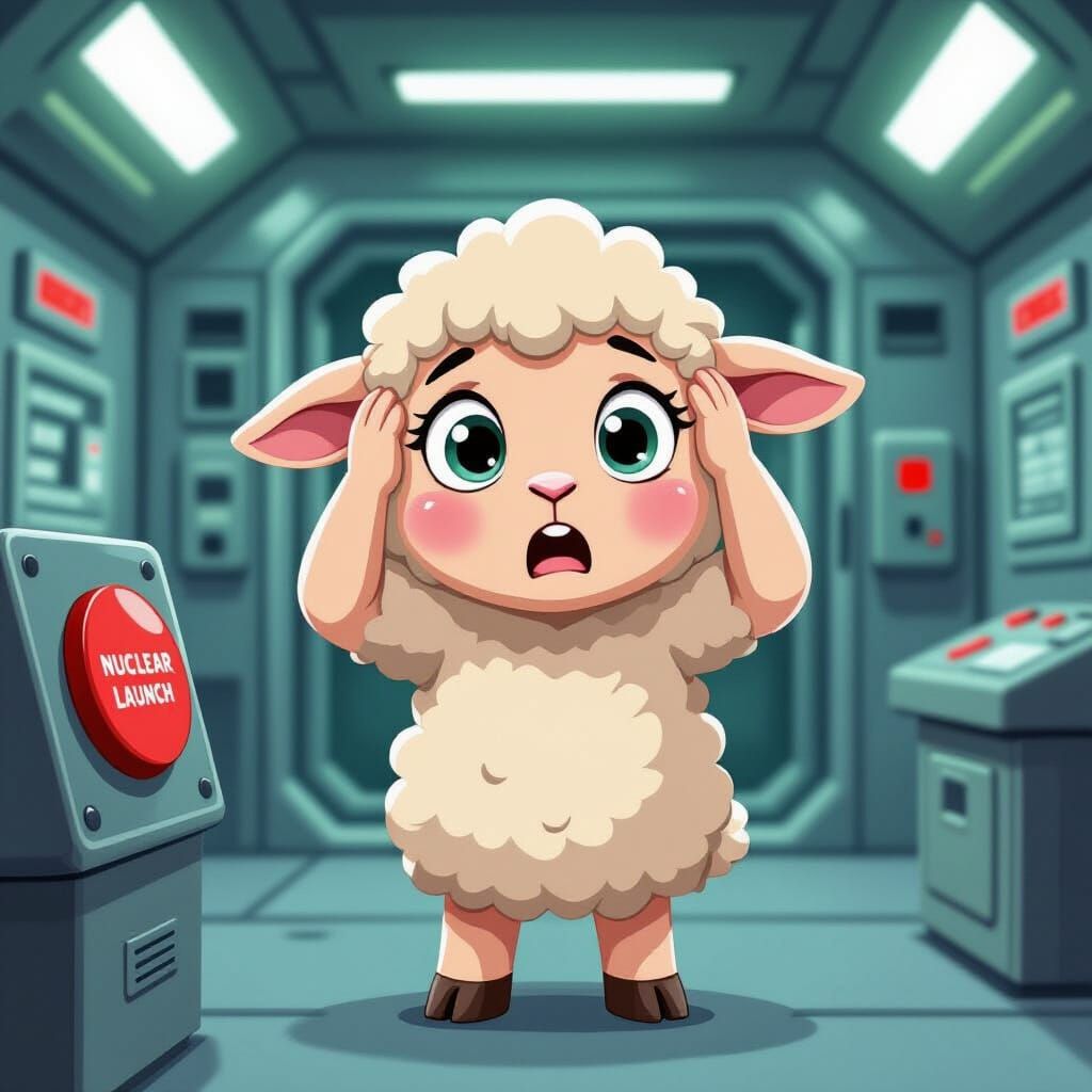 Cartoon Lamb at Nuclear Launch Button