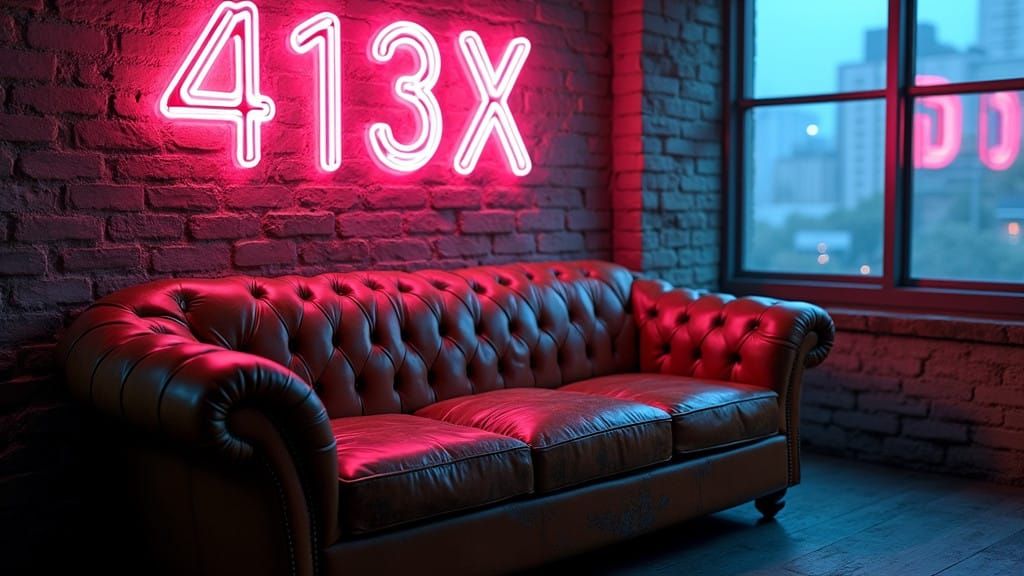 Retro-Futuristic Neon Sign Above Vintage Leather Sofa