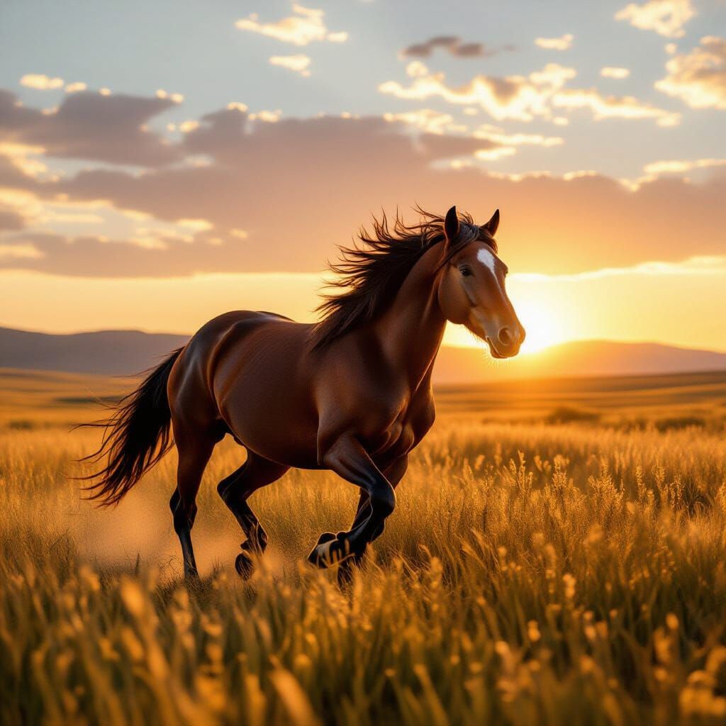 Majestic Wild Horse Galloping on Sunlit Prairie