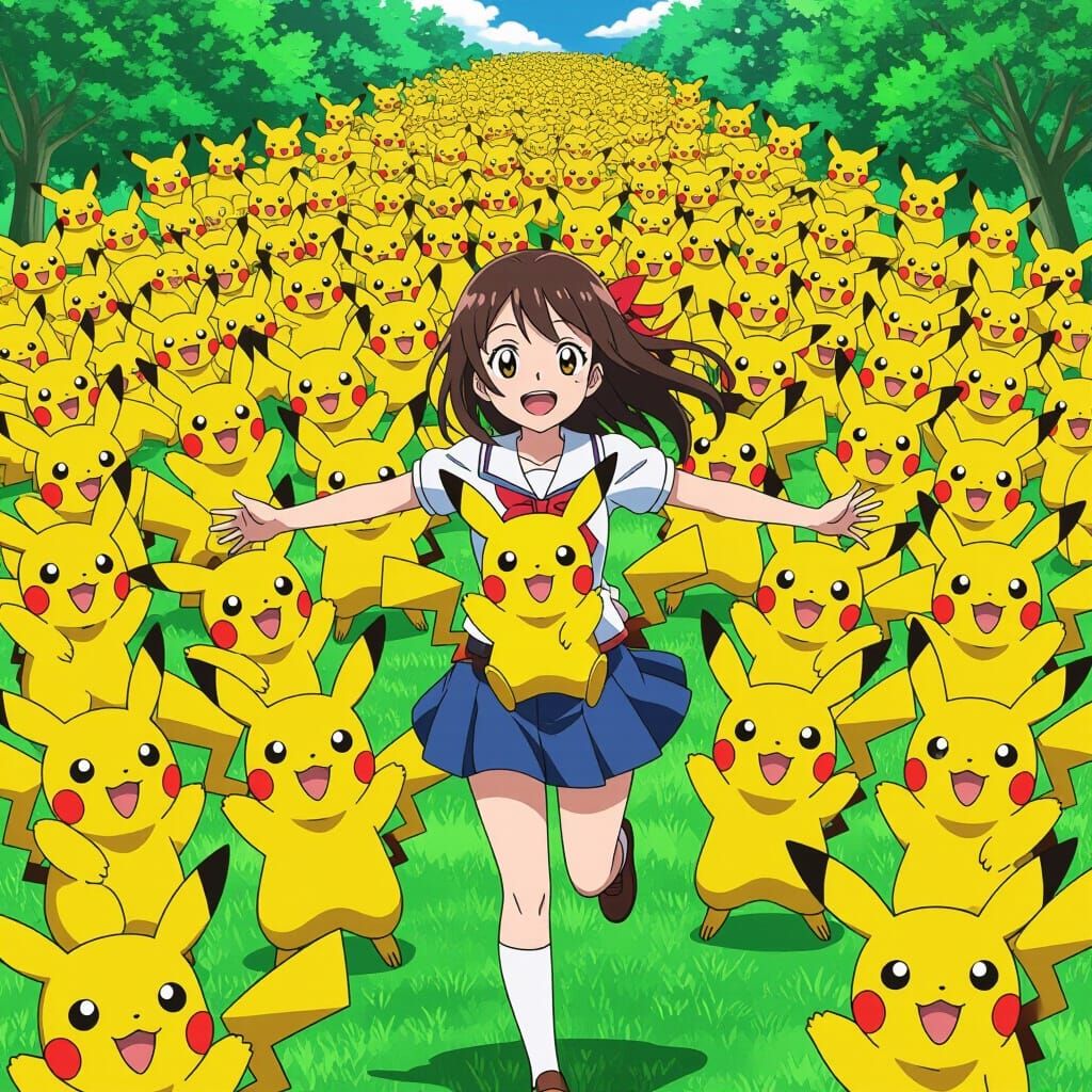 Anime Girl Surrounded by Pikachu