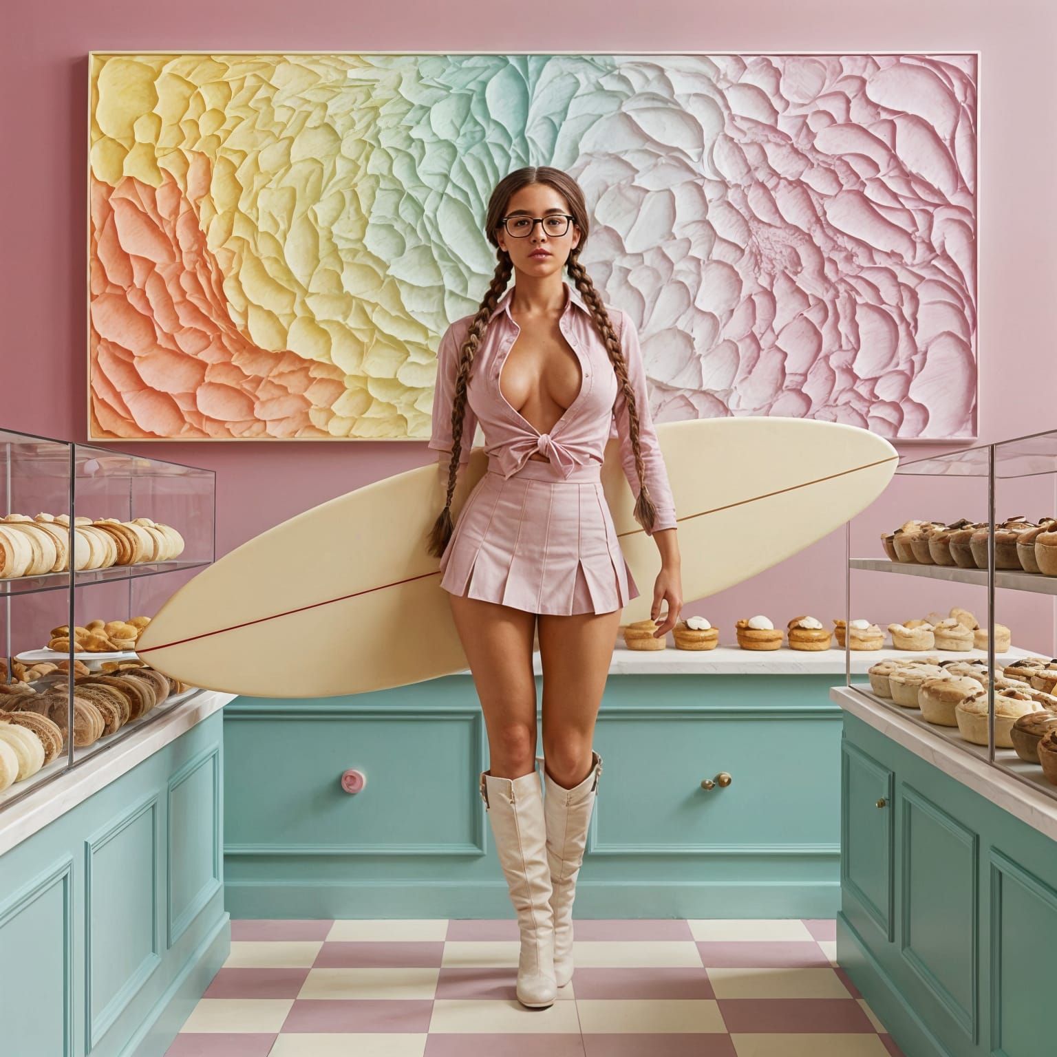 In a bakery with a surfboard
