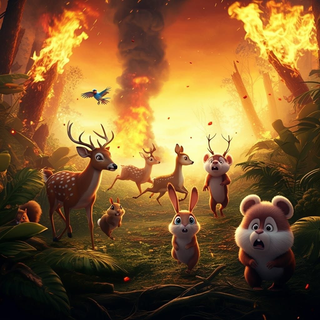 Pixar-Inspired 3D Characters Amidst a Blazing Jungle