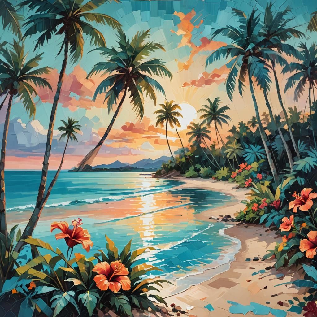 Impressionist Beach Scene with Palm Trees at Sunset