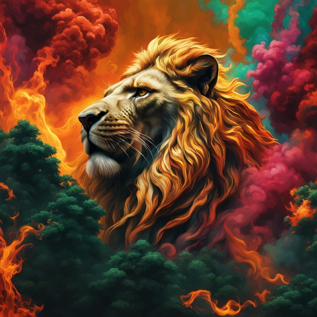 Vibrant Lion Rises from Jungle Inferno