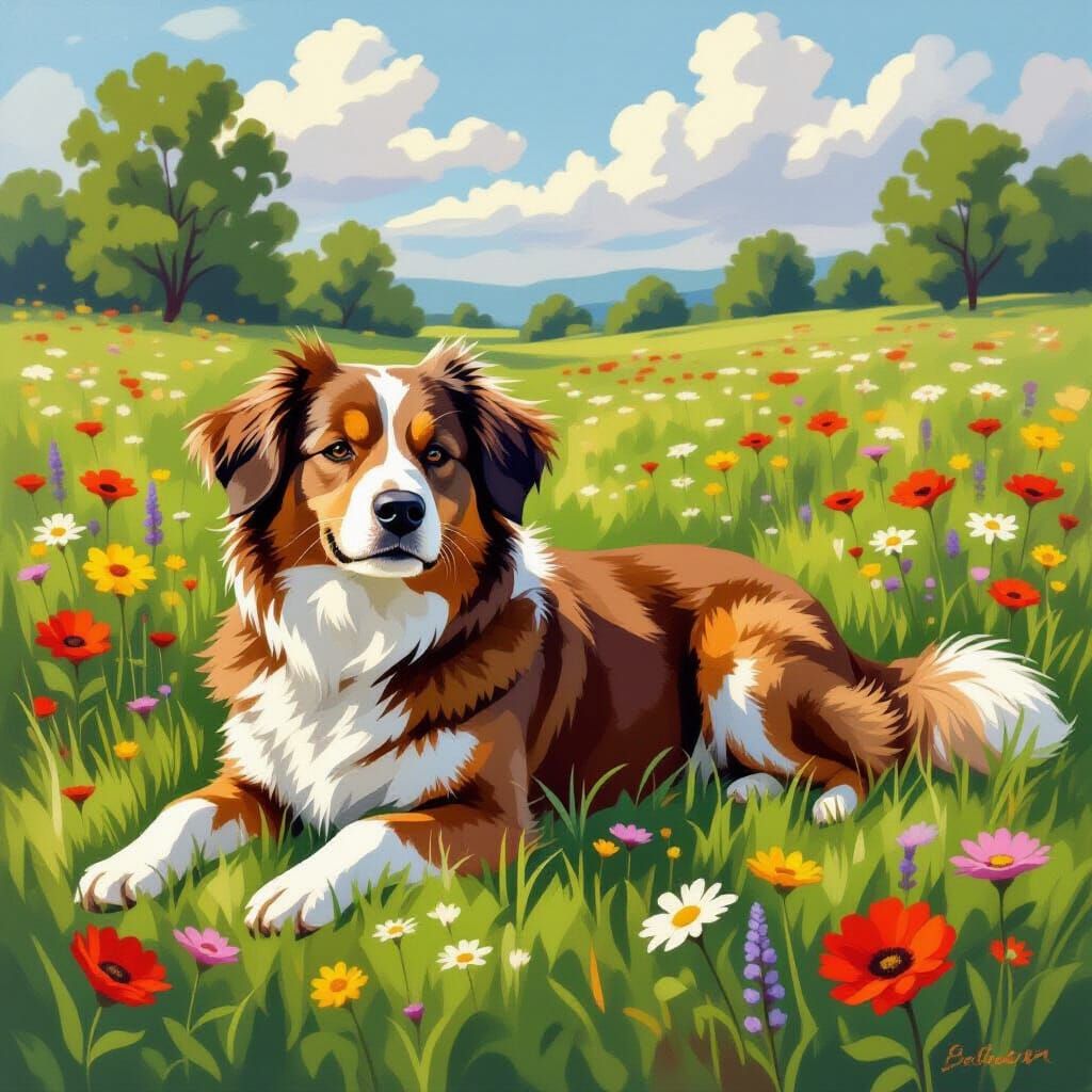 Dog Lying in Wildflowers: Impressionistic Landscape