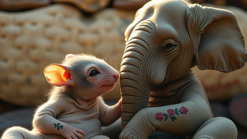 Elderly Mouse and Elephant Share Love in Hyperrealist Style