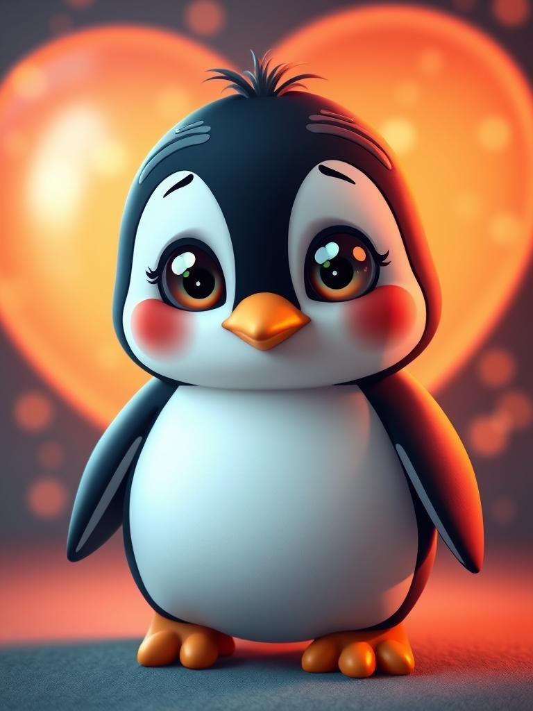 Adorable Cartoon Penguin with Heart in Volumetric Lighting