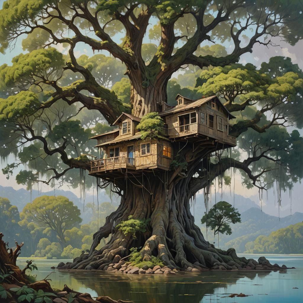 Floating Treehouse: Oil Painting Style