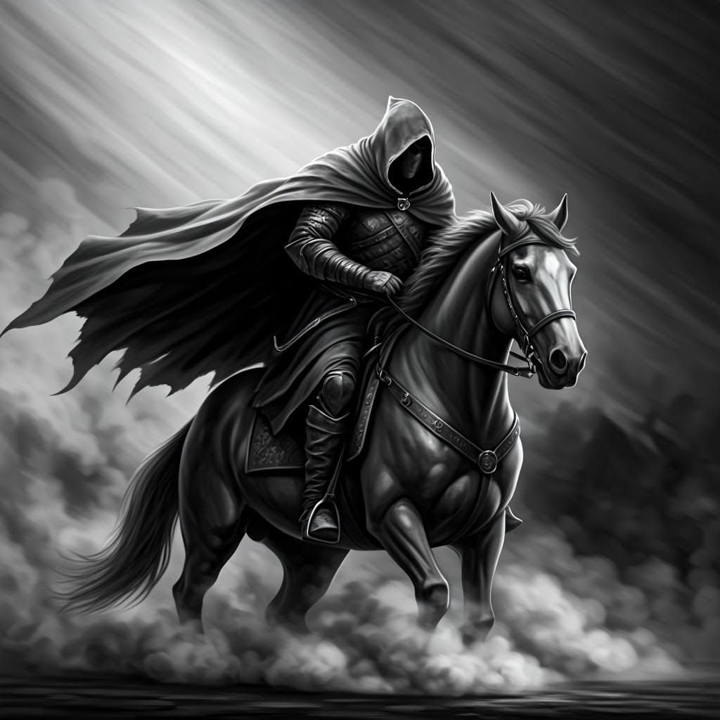 Hooded Knight in Full Gallop, Fantasy Art