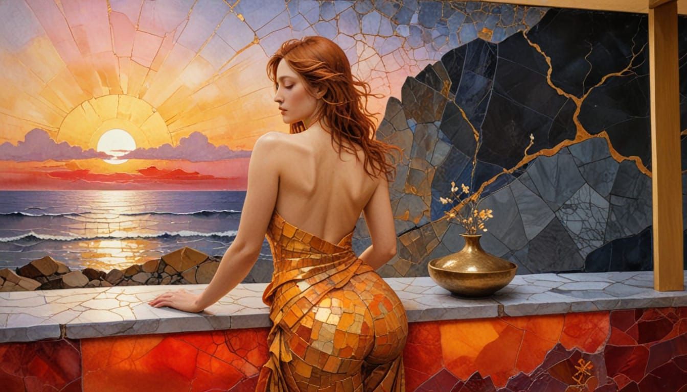 Vibrant Ocean Sunset in Impasto Encaustic Style