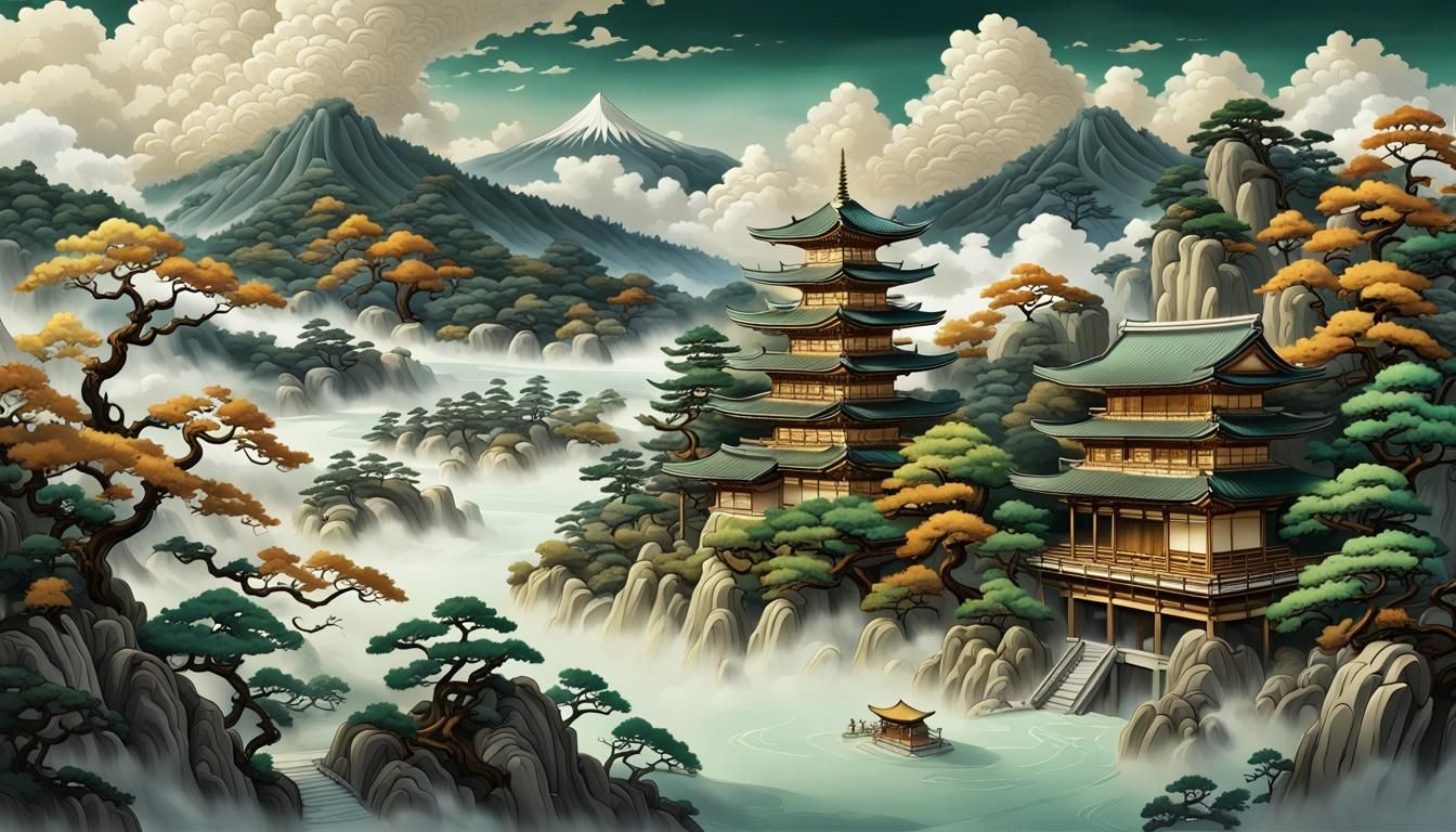 Japanese Temple Landscape with Golden Accents