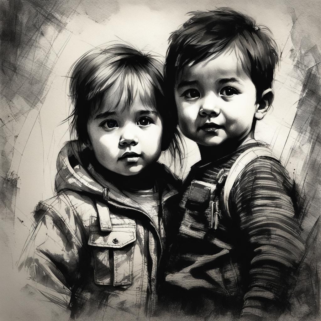 Charming Toddlers' Adventure: Detailed Pencil Sketch