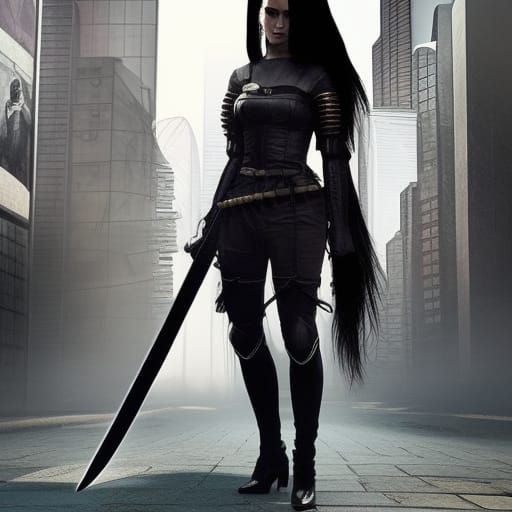 A woman with a sword with long black hair and the style of cyberpunk