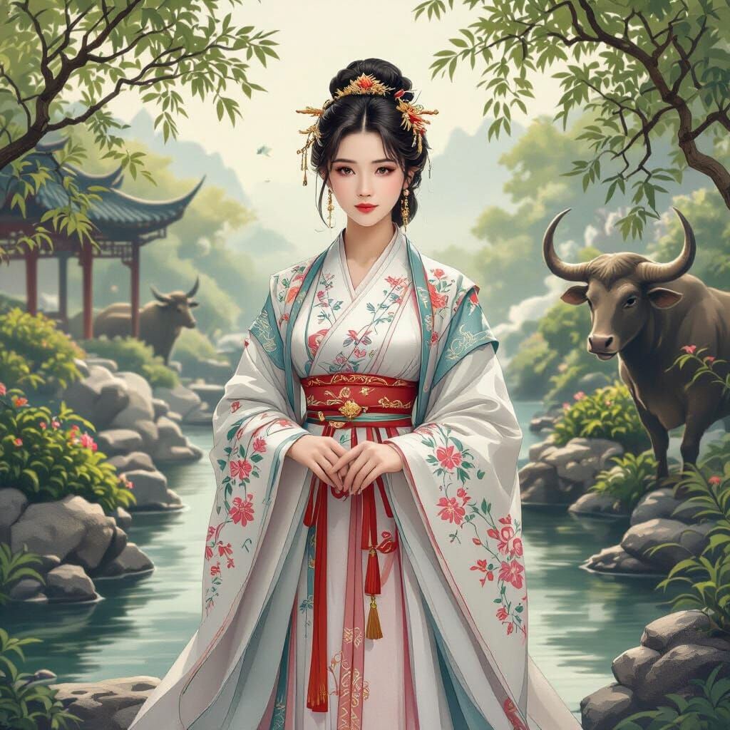 Chinese Princess in Garden with Zodiac Ox Symbol