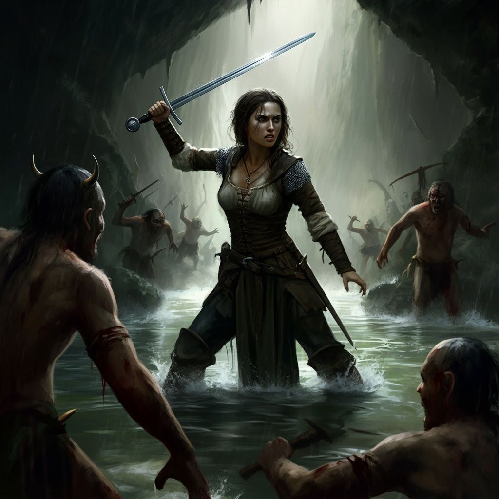 Medieval Warrior Fights Savages in Subterranean River Oil Pa...