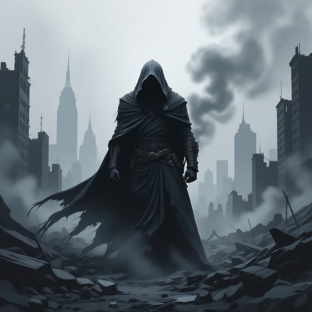 Hooded Figure in Ruined Cityscape as Charcoal Art