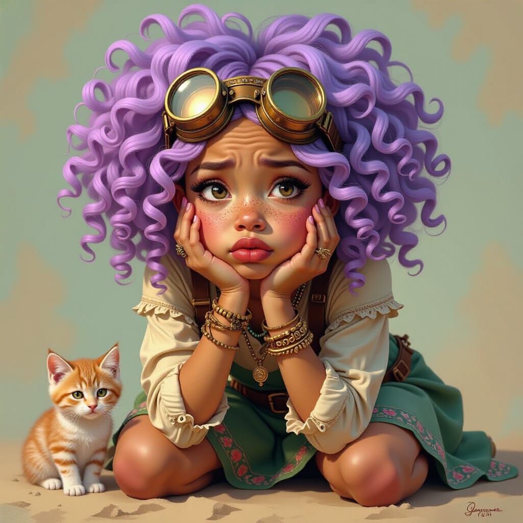 Girl with Kitten in Fantasy Realism Style