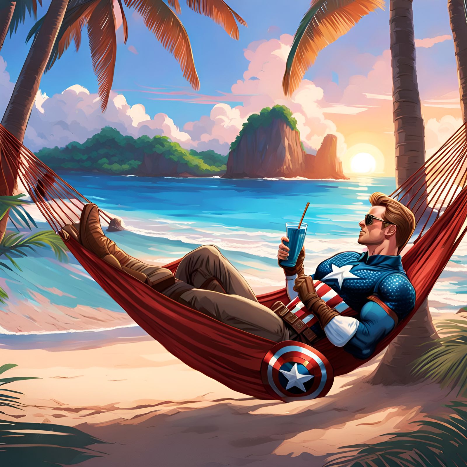 Captain America Relaxing on Tropical Beach at Sunset