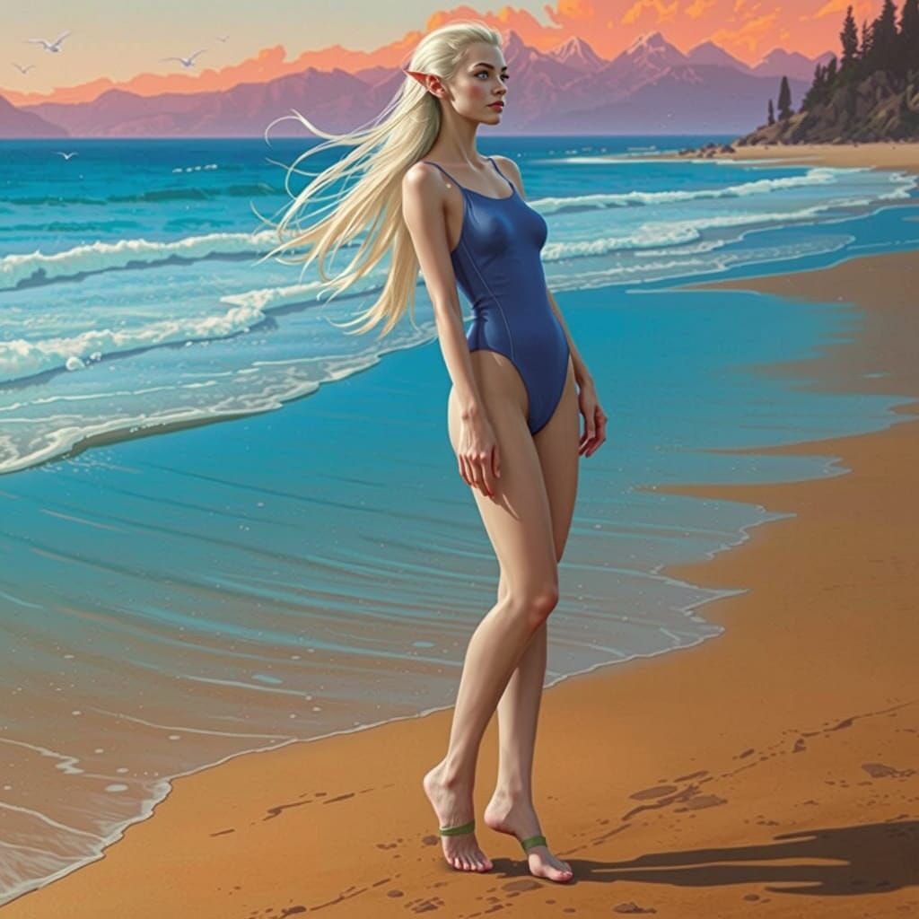 Elf on Beach with Flowing Hair
