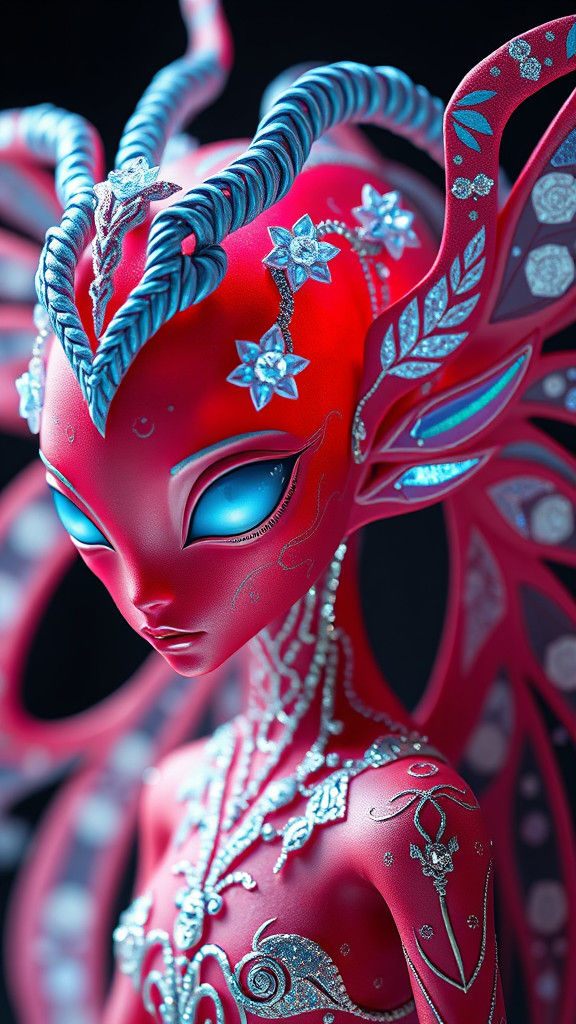 Crimson Alien with Braided Wings as Origami Art