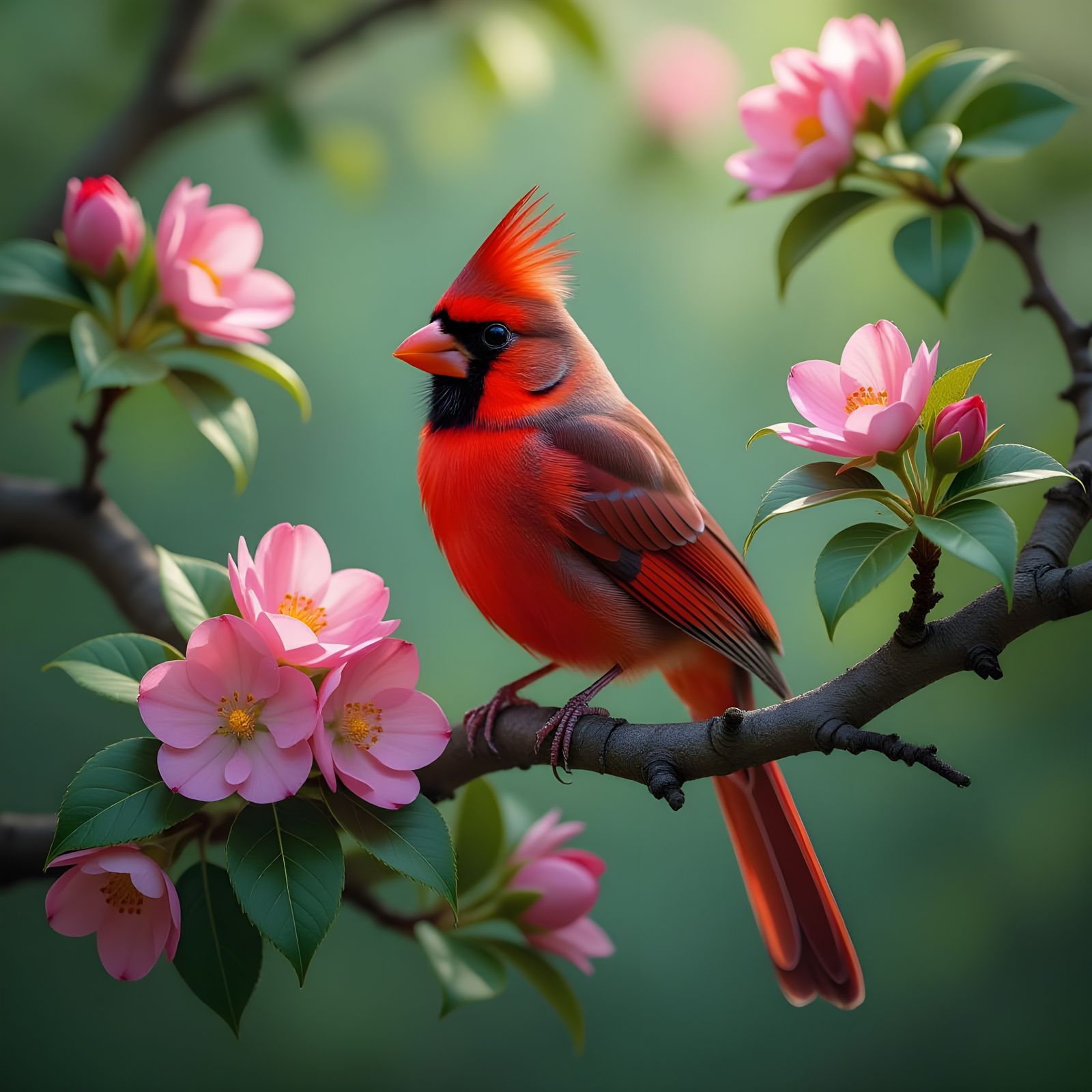 Hyperrealistic Cardinal in Blossoming Tree