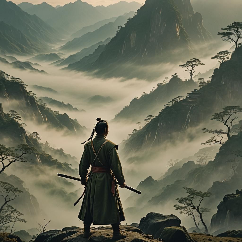Warrior with Chinese Sword in Misty Valley