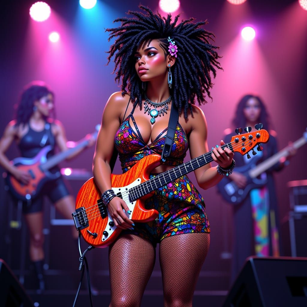 Afro-Latina Bassist on Stage in Vibrant Futuristic Style