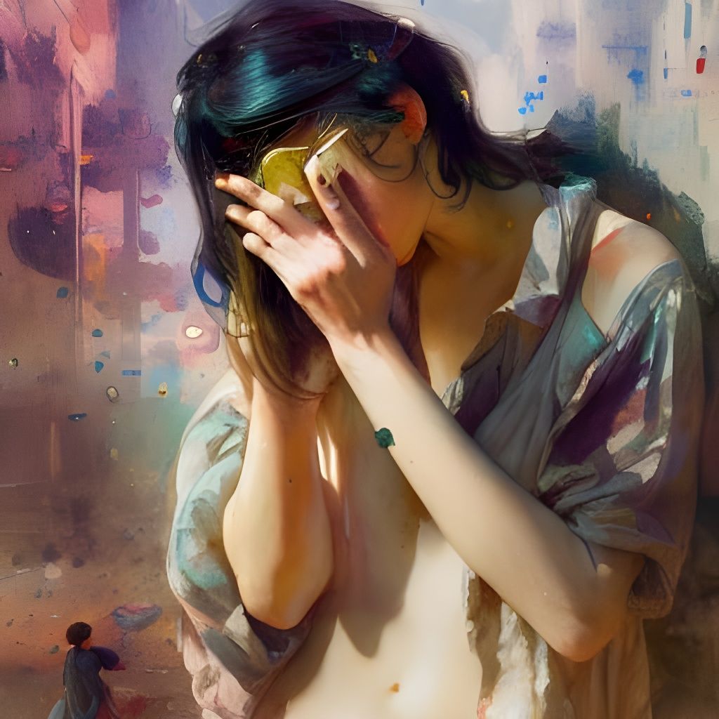 Sad Nerd Crying in Urban Dystopia: Gouache Painting