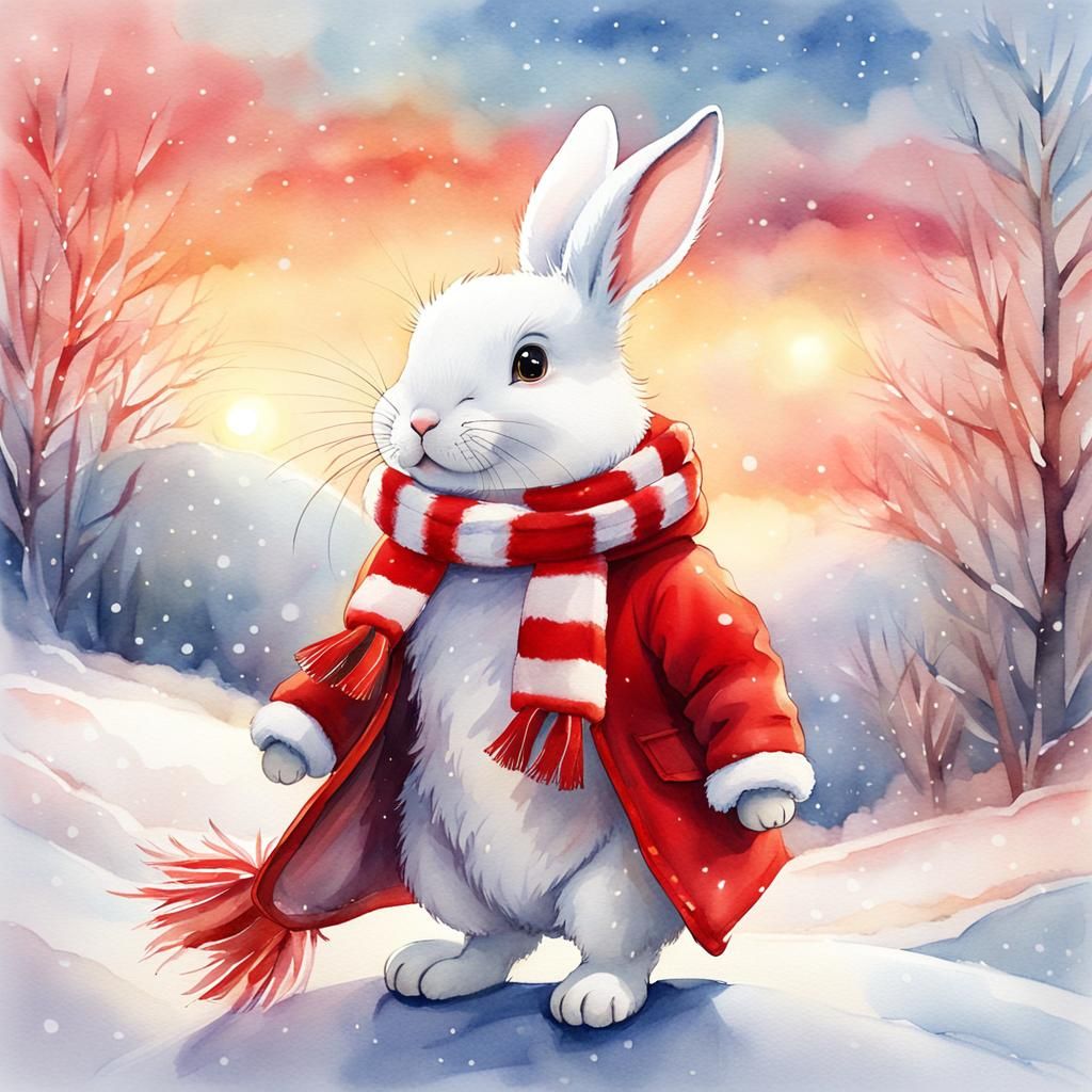Whimsical Rabbit in Winter Coat, Watercolor Illustration