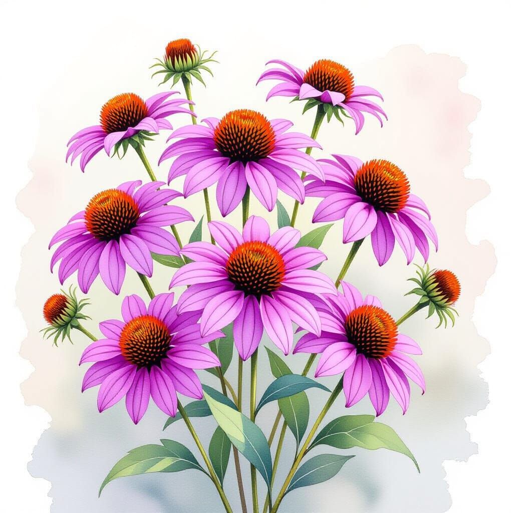 Vibrant Purple Echinacea Watercolor Botanical Illustration