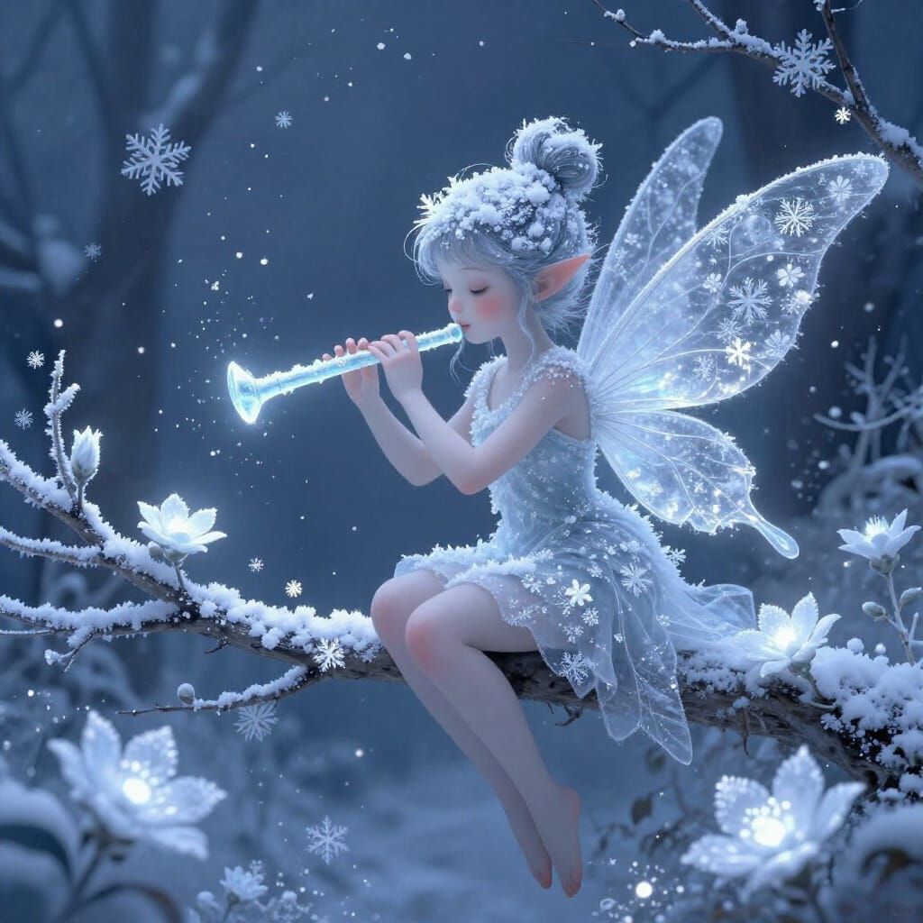 Pixie Plays Ice Flute in Moonlit Winter Garden