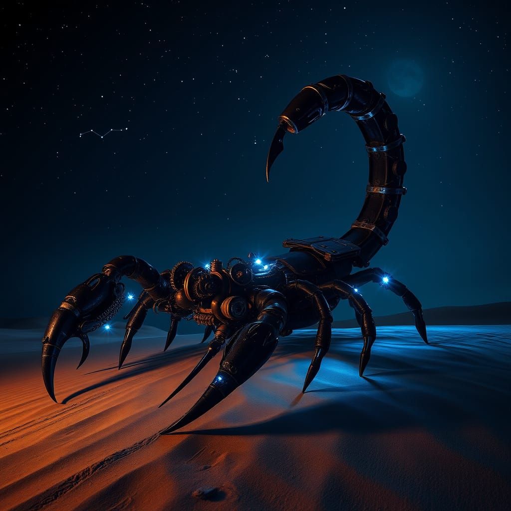 Steampunk Black Scorpion Rises from the Sand at Night in a D...