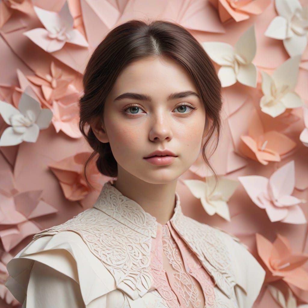 Elegant Female Portrait with Origami Paper Background
