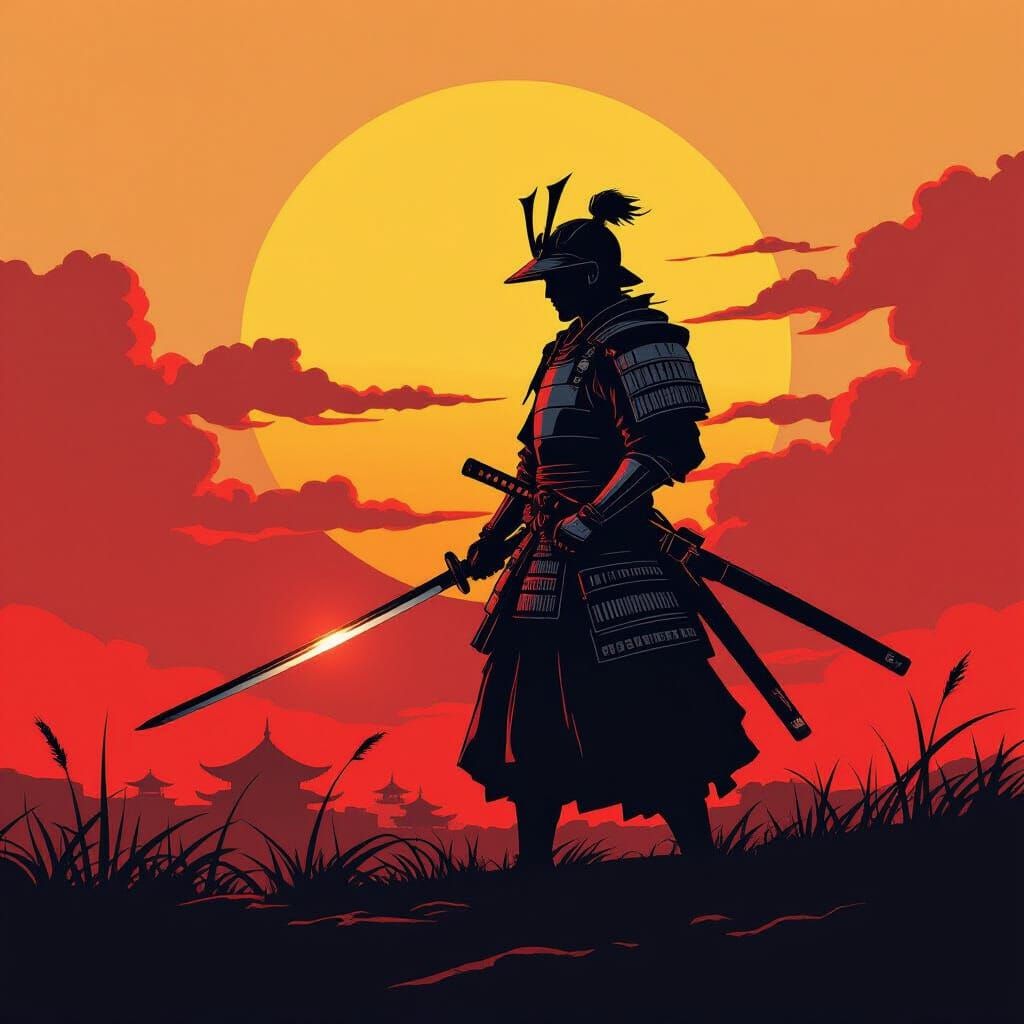 Samurai Warrior at Fiery Sunset Battlefield in Ukiyo-e Style