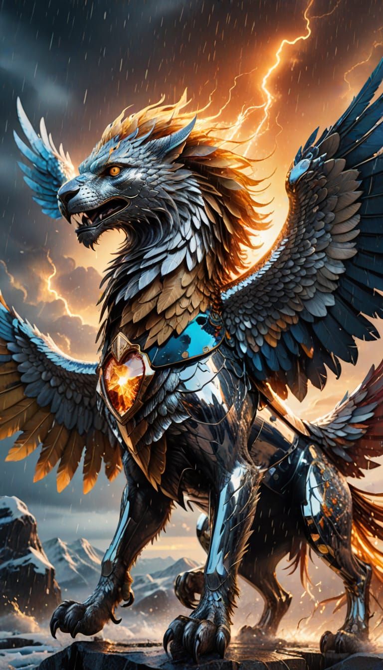 Chrome Crystal Griffin Soars Through Stormy Sky
