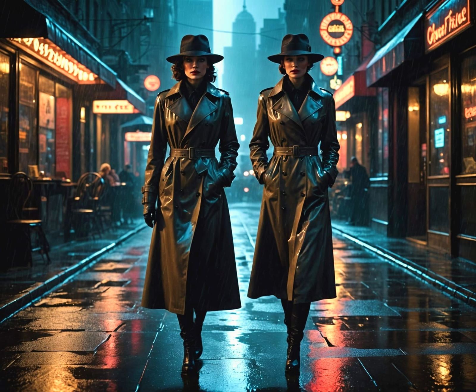 Femme Fatale on Rain-Slicked Art Deco Street