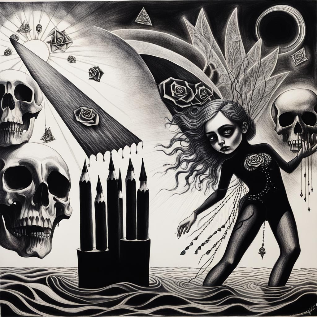 Surreal Crayon Drawing: Goth Woman in Rayograph Style