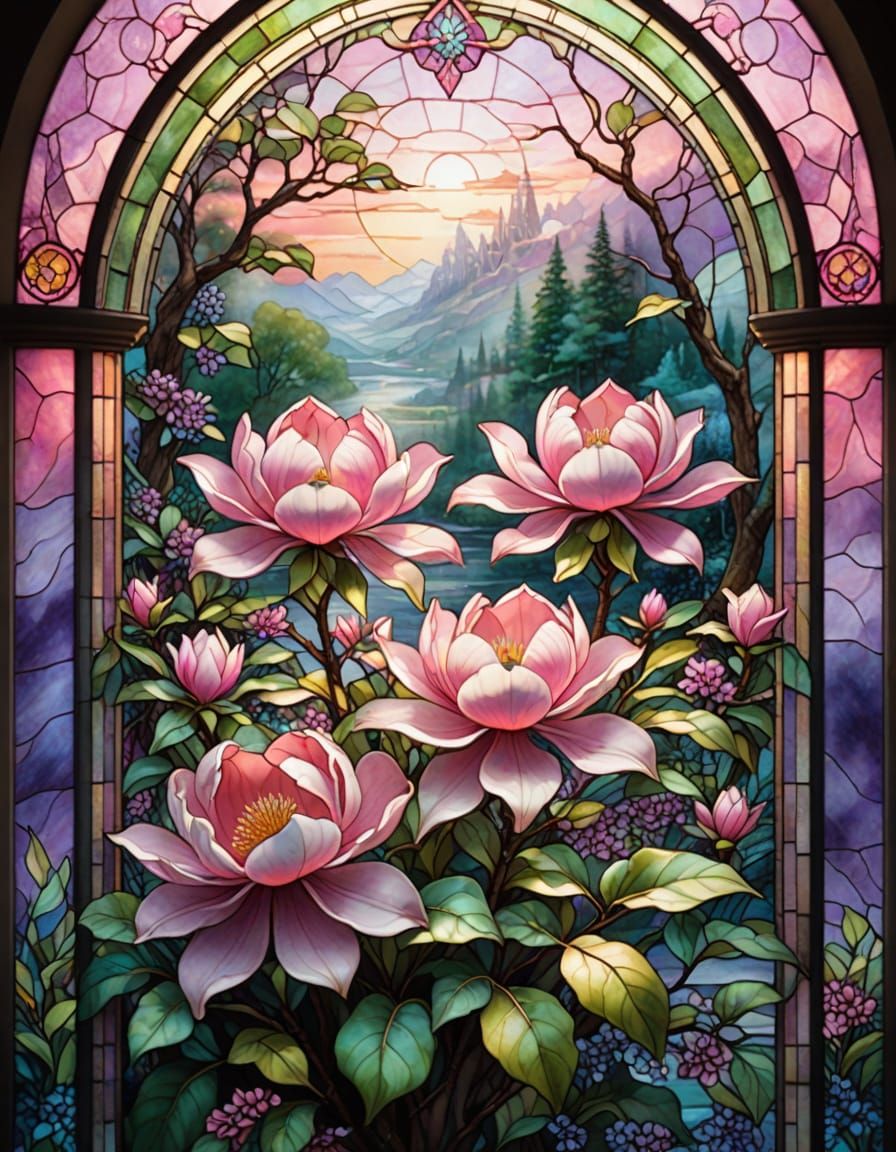 Extreme Closeup Stained Glass Magnolia Window