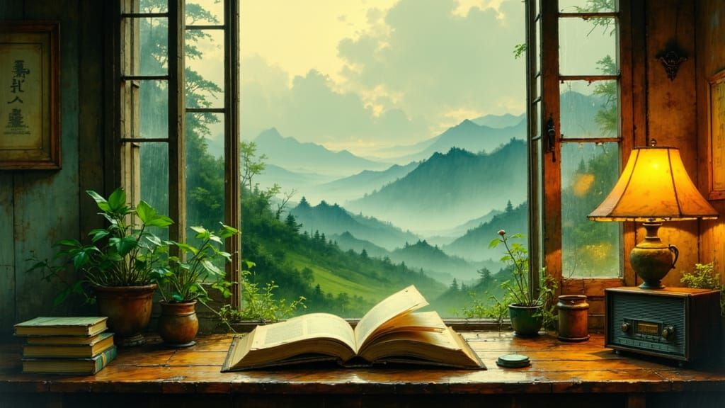 Cozy Room with Rainy Window, Illustrative Style