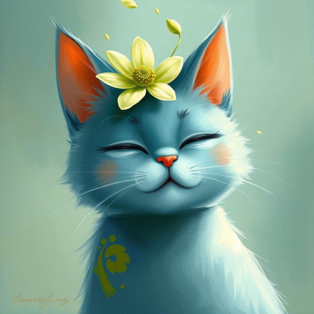 Blue Cat with Green Flower, Whimsical Illustration